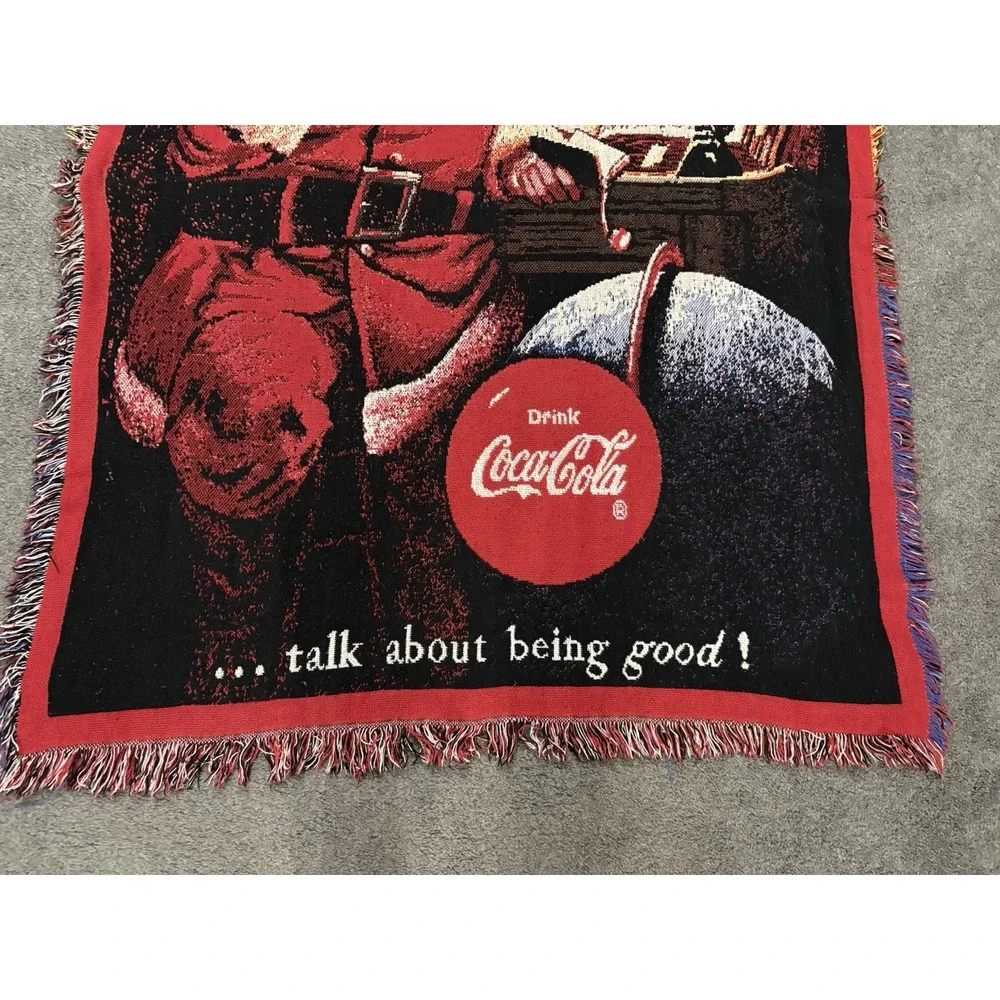 1994 Coca Cola Santa Clause Christmas Holiday Woven Fringe Throw Blanket 44X58